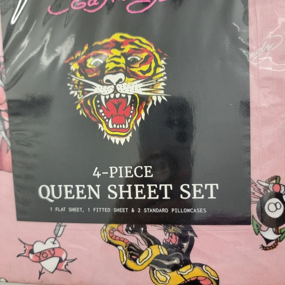 Ed Hardy Sheet Set Queen 4Pc Bedding Sheets Set Pink Tattoo Panther Snake Roses